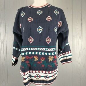 Vintage 80s Knitmakers Sweater Womens Medium‎ Blue Floral 3/4 Sleeve Whimsigoth